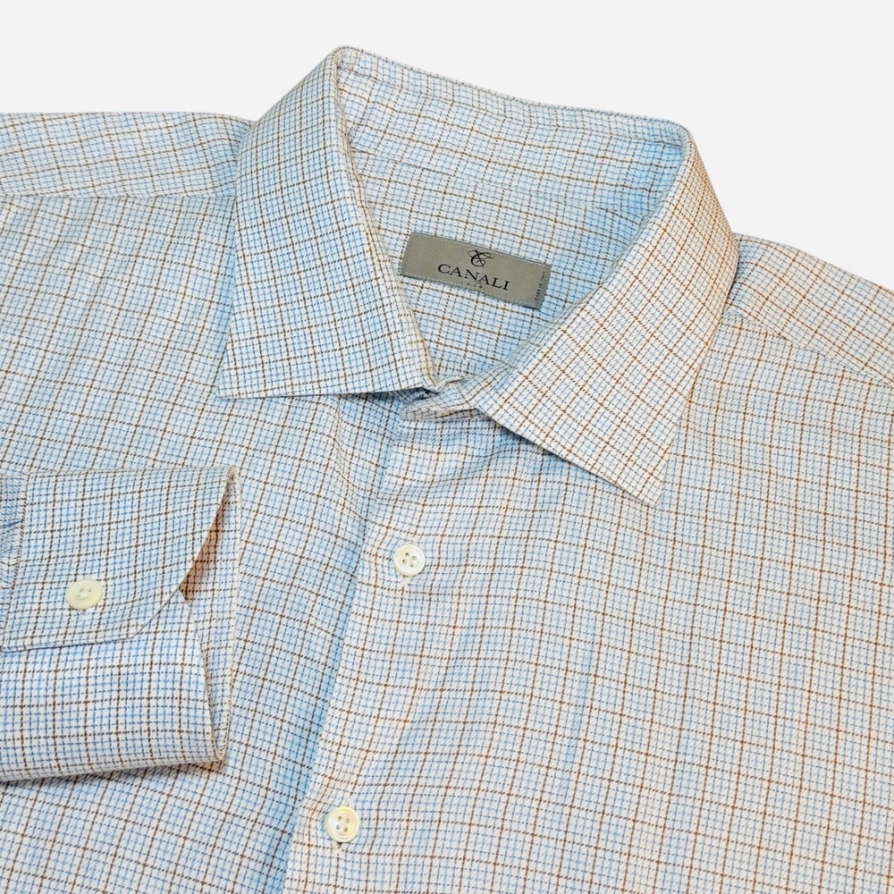 Canali 1934 Mens Blue Brown Micro Check Cotton Dress Shirt Size 46/18 Italy